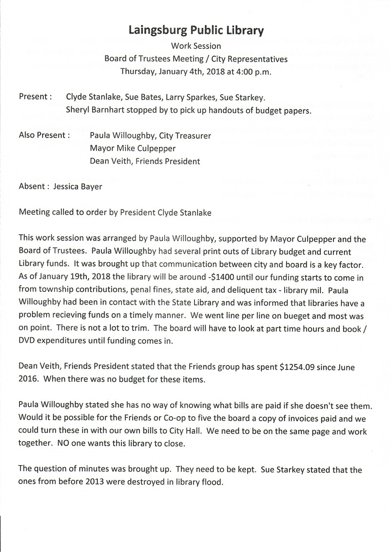 January 2018 Board Meeting Minutes Work Session page 1